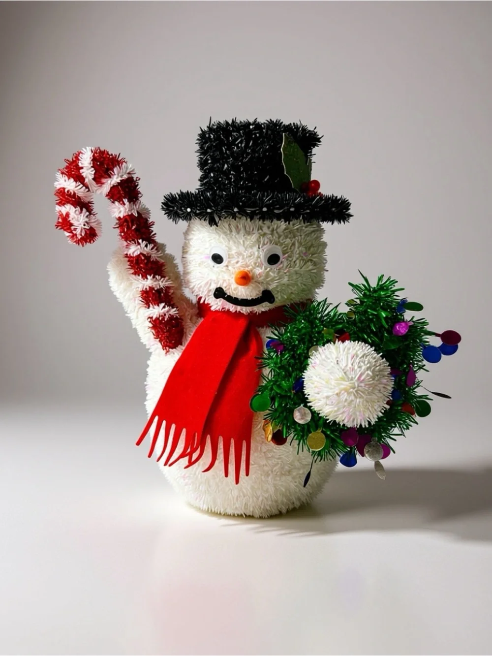 Festive White Snowman Figurine with Red Scarf and Candy Cane - Holiday Decor